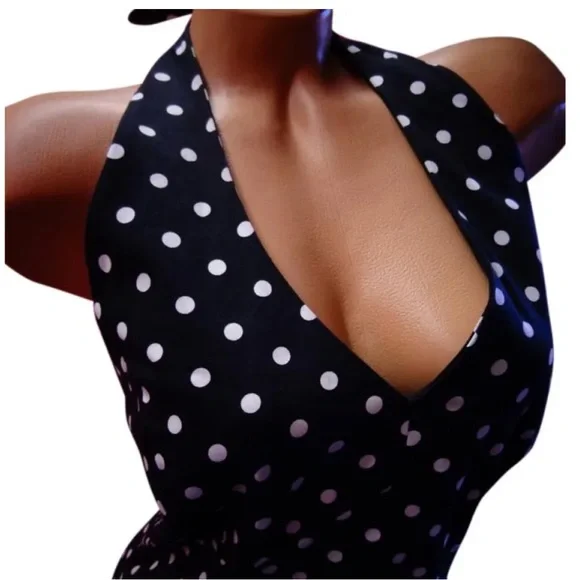 Jones New York halter dress navy blue white polka dot wiggle pinup tie cotton 14 - Picture 1 of 8
